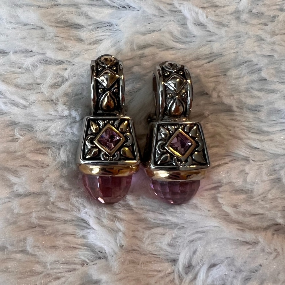 Silver-Tone with Gold-Tone Accents Pink Crystal Drop Lever-back Earrings